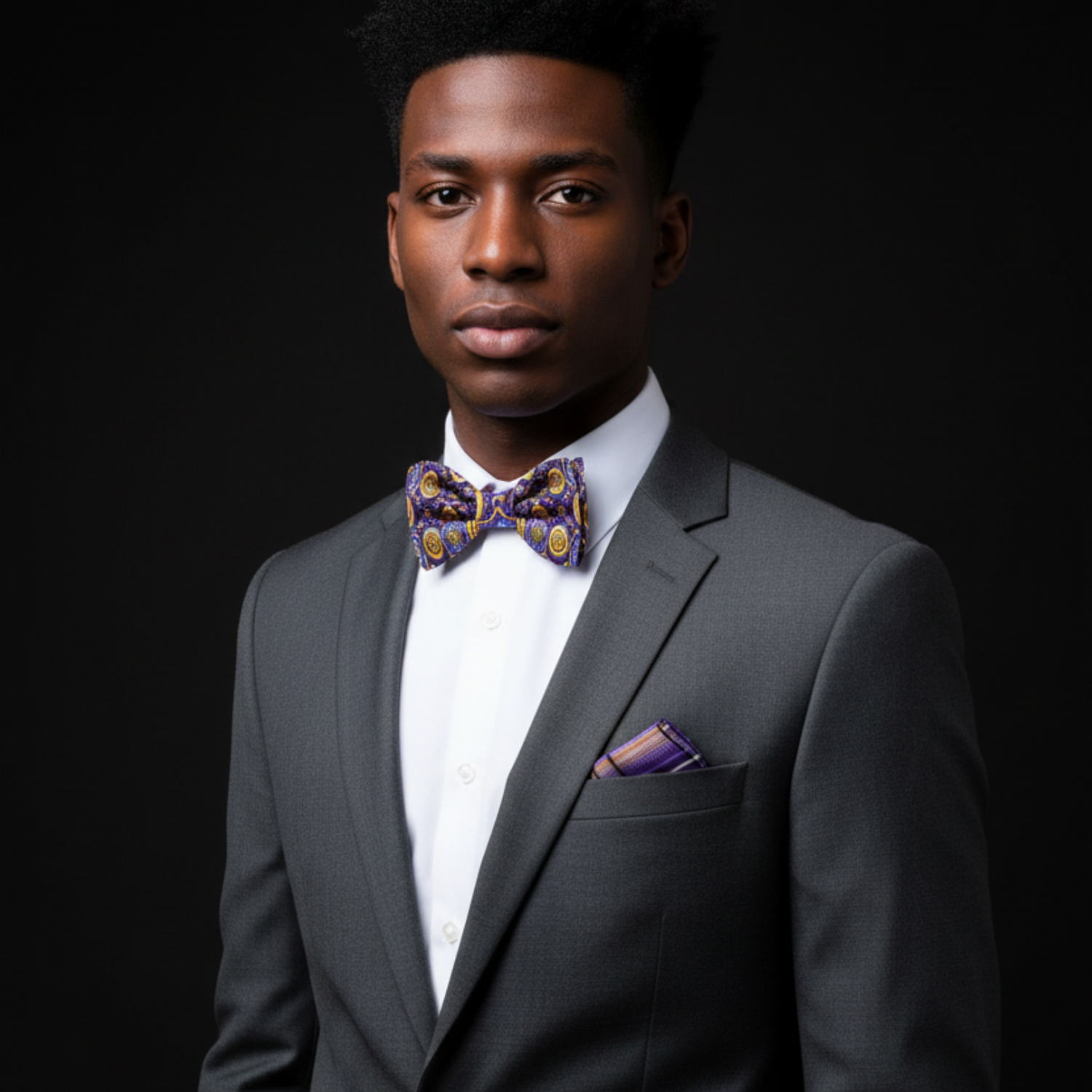 Man wearing purple gold geometric bow tie and accenting square on suit
