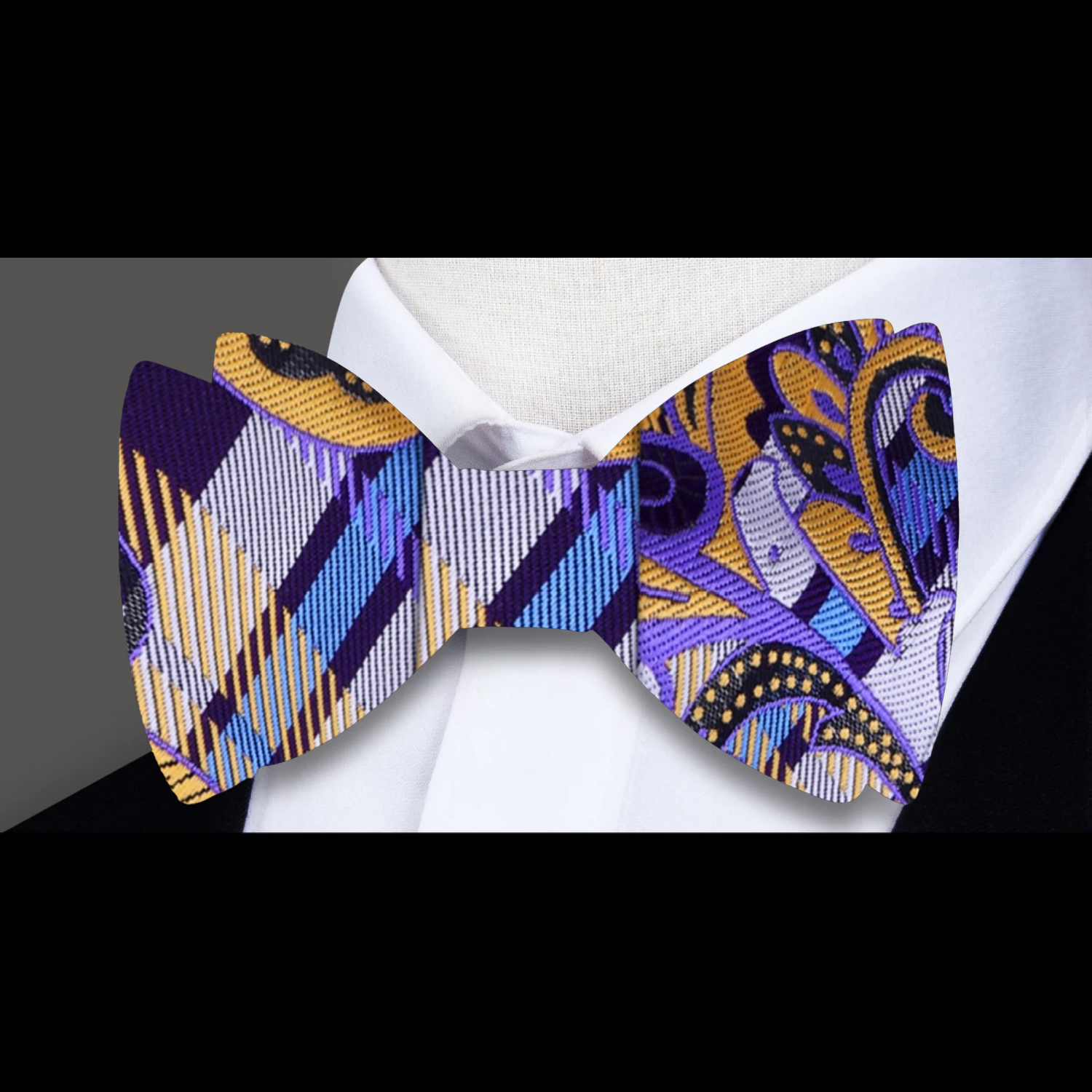 A Purple, Yellow, Light Blue Plaid and Paisley Pattern Pre Tied Bow Tie