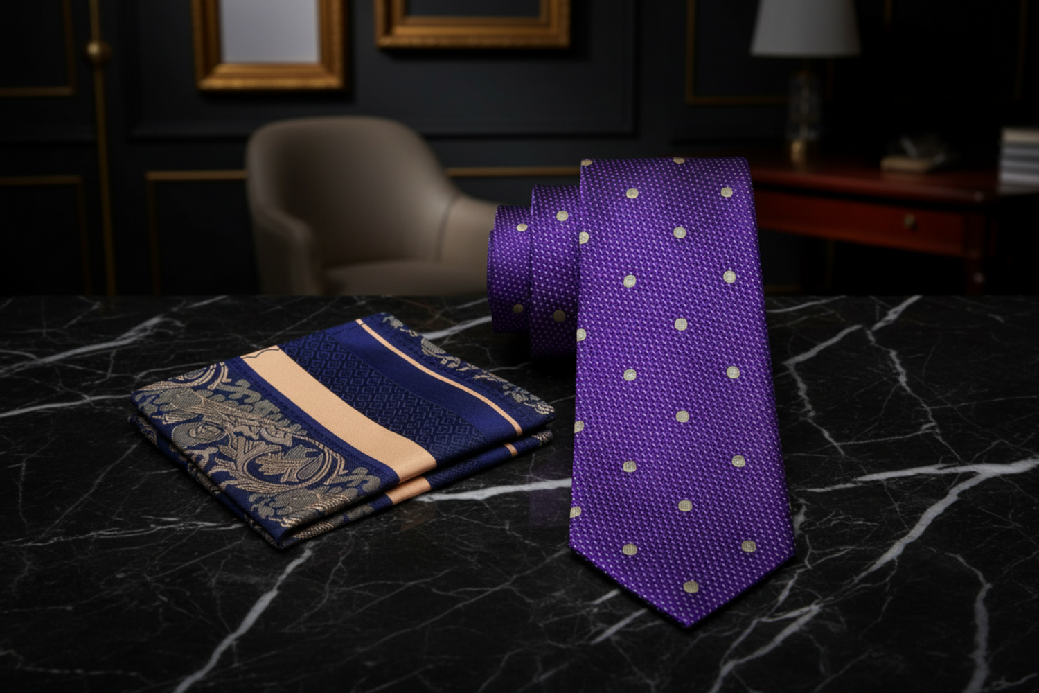 Alt Purple Gold Luxor Majesty Polka Necktie and Accenting Square