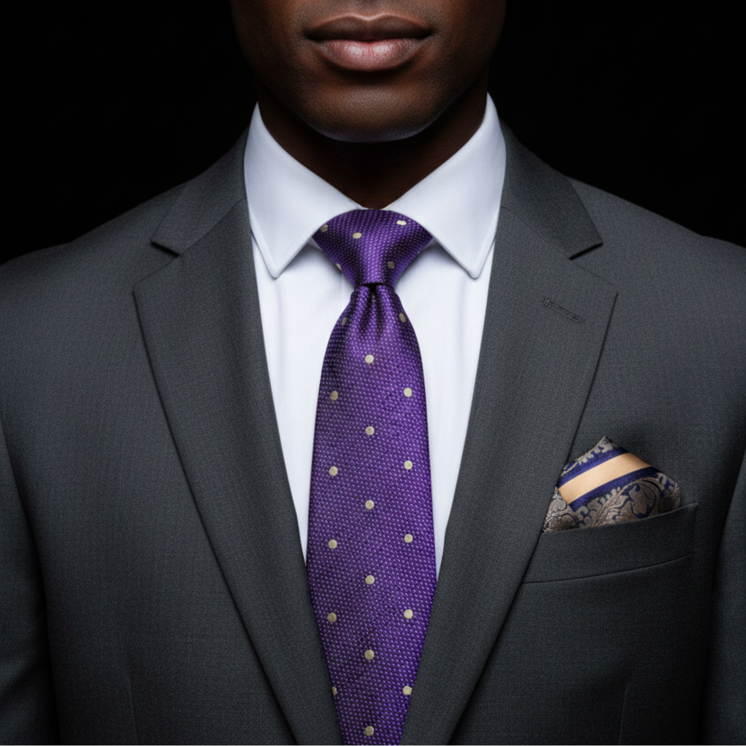 Man wearing a gray suit with a purple tie and patterned pocket square on a black background