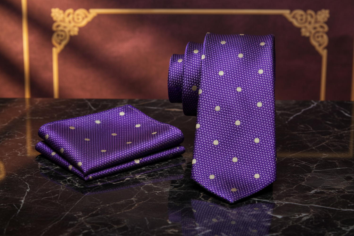 Alt Purple Gold Luxor Majesty Polka Necktie and Square