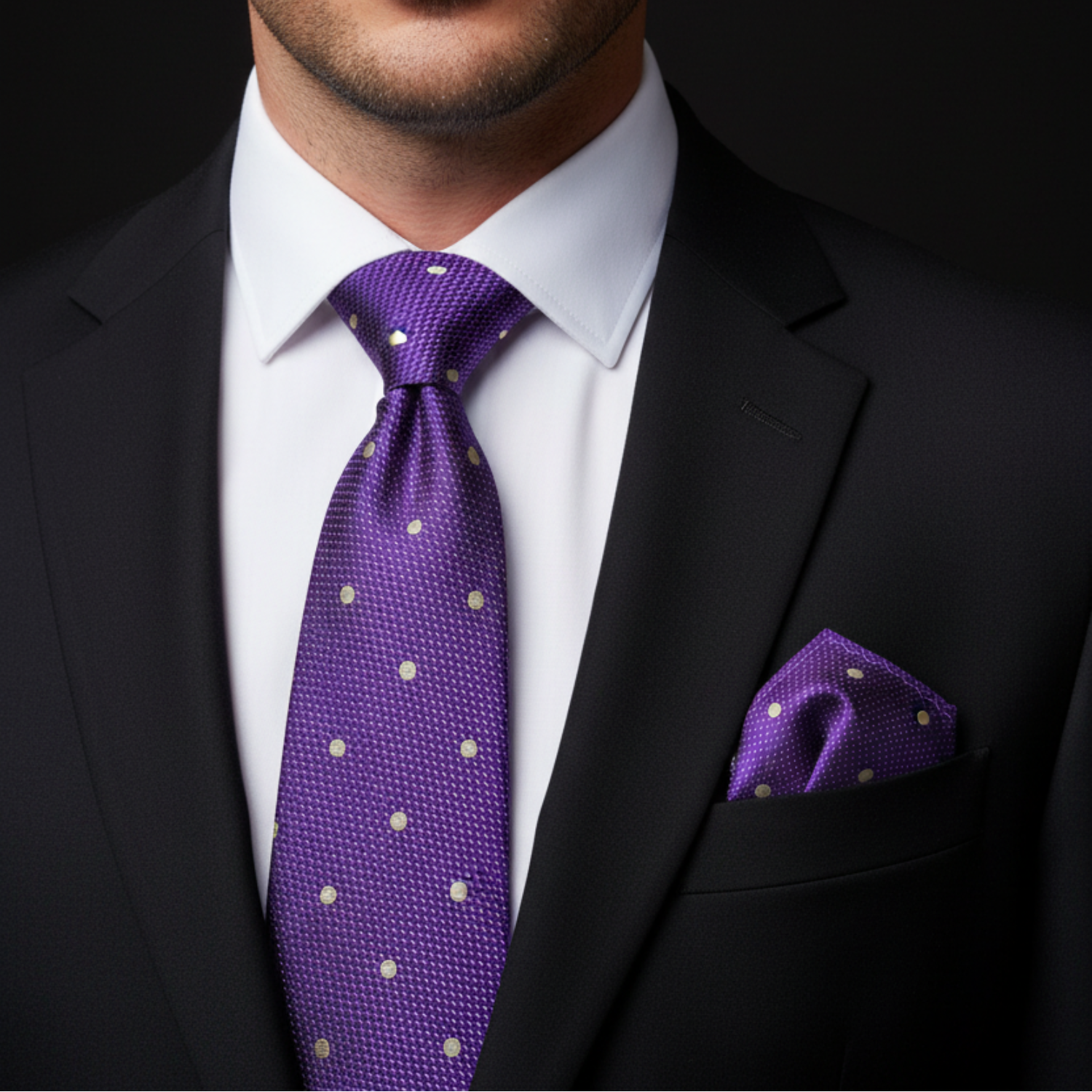 Man wearing a black suit with a purple polka dot tie and pocket square.