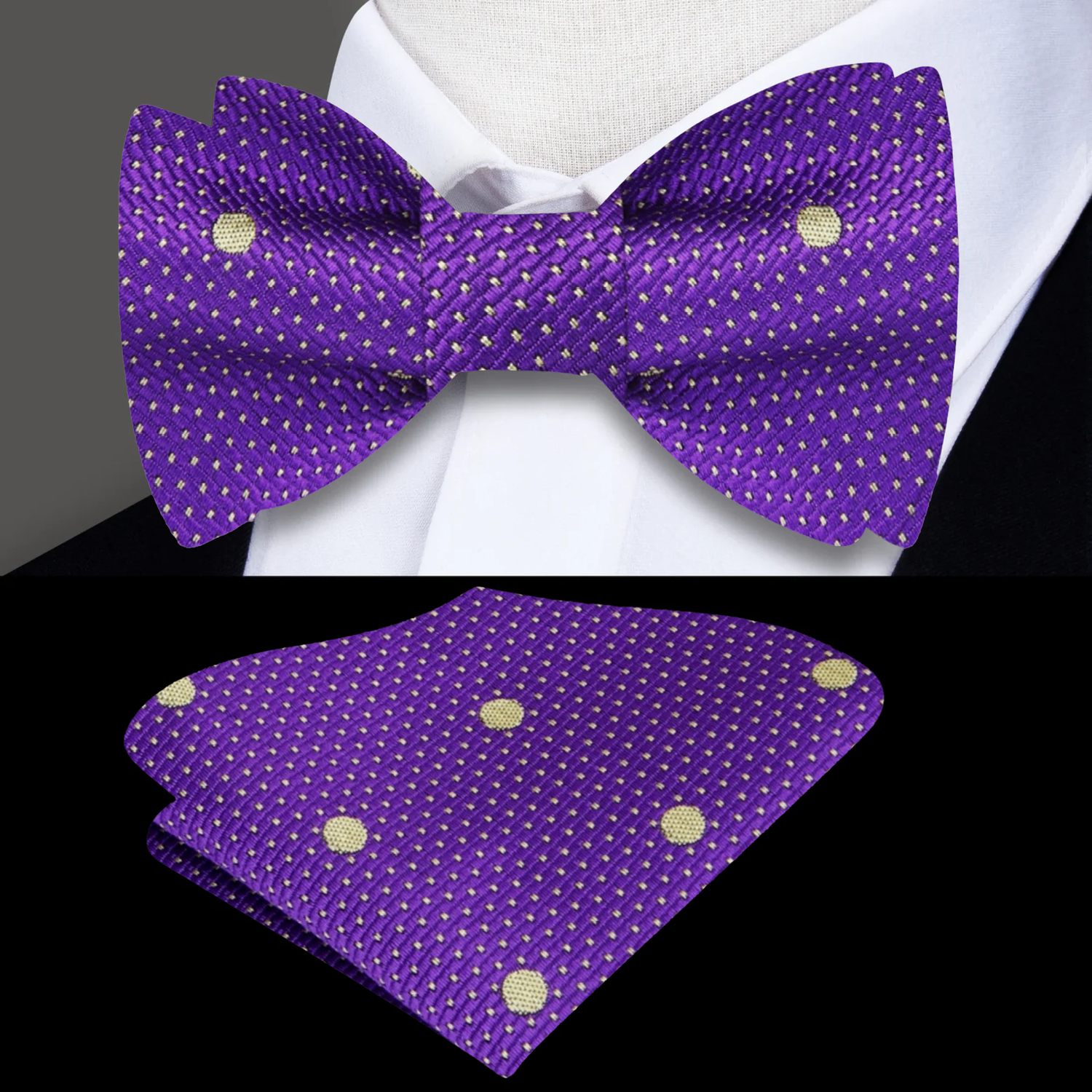 Purple Gold Majesty Polka Bow Tie and Square