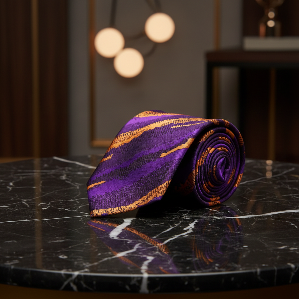Rolled Tie: Purple and Orange Gold Abstract Necktie