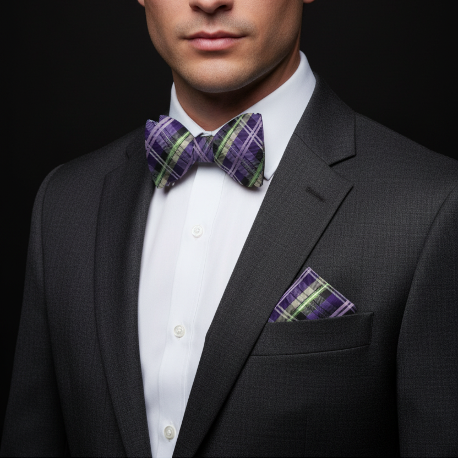 Man wearing a black suit with a purple plaid bow tie and pocket square on a dark background
