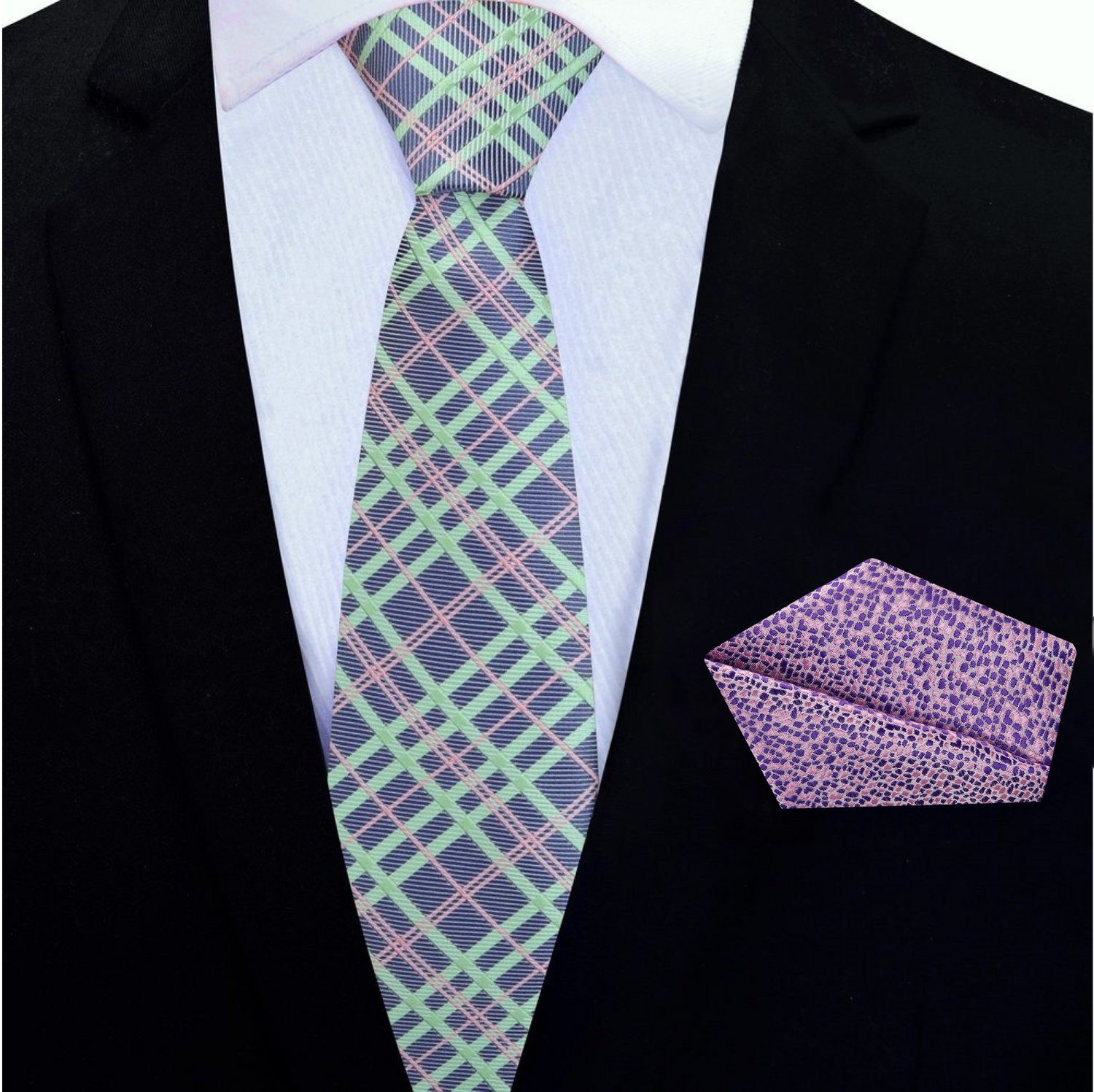 Thin Purple and Green Plaid Tie and Accenting  Square