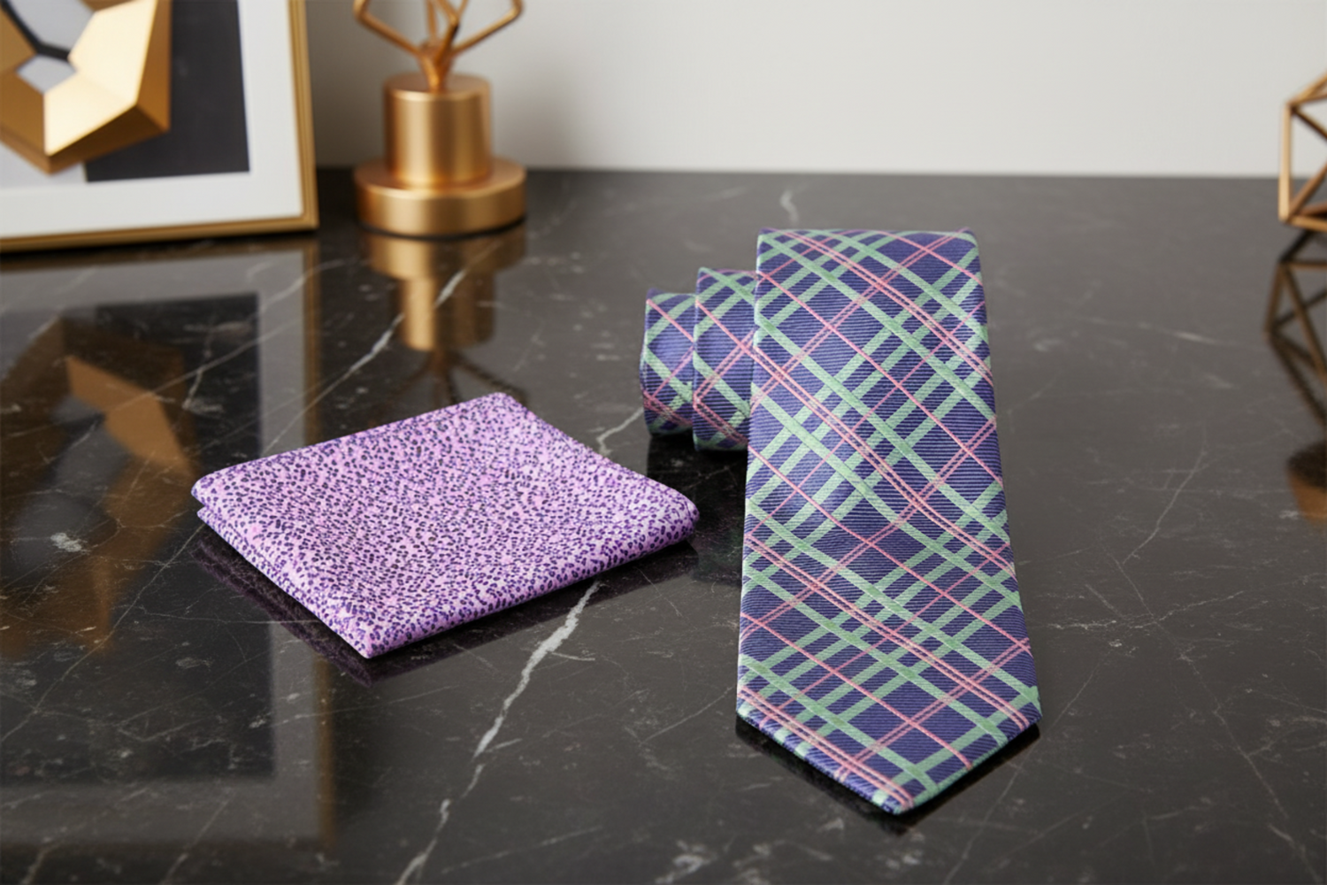 Alt Purple and Green Plaid Tie and Accenting  Square