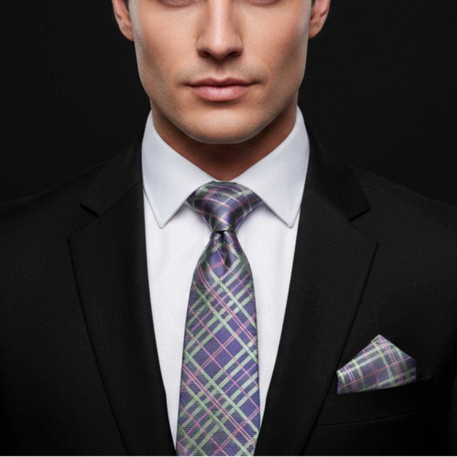 Man wearing a black suit with a plaid tie and pocket square on a dark background