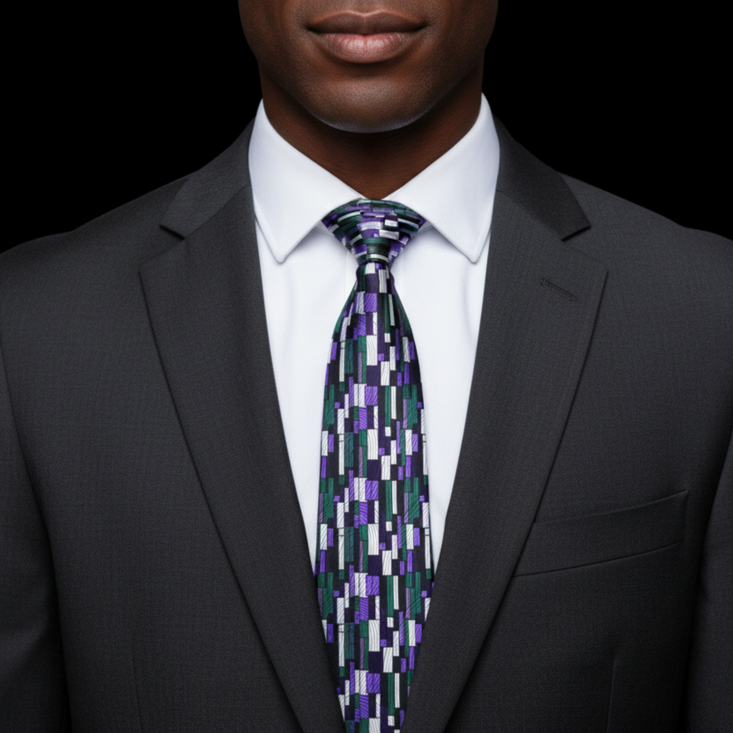 Man wearing a dark suit with a patterned tie against a black background