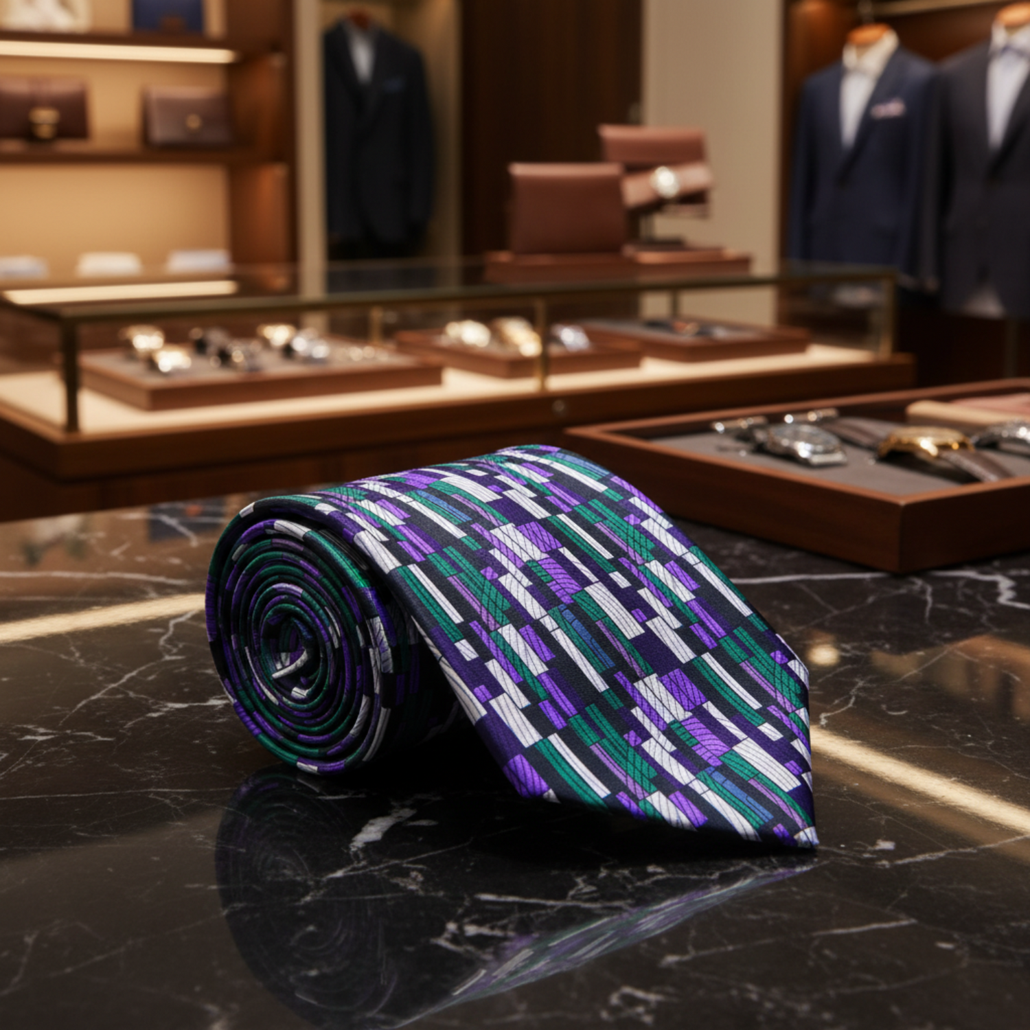 Purple, Green, White Kente Pattern Necktie 21