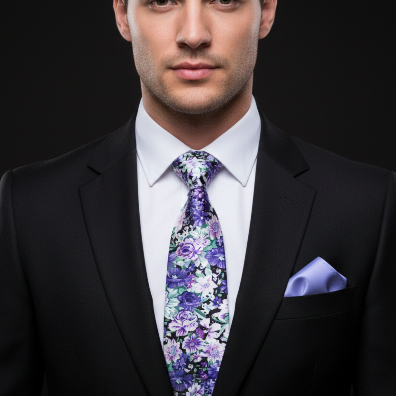 Man wearing a black suit with a floral tie and pocket square on a dark background