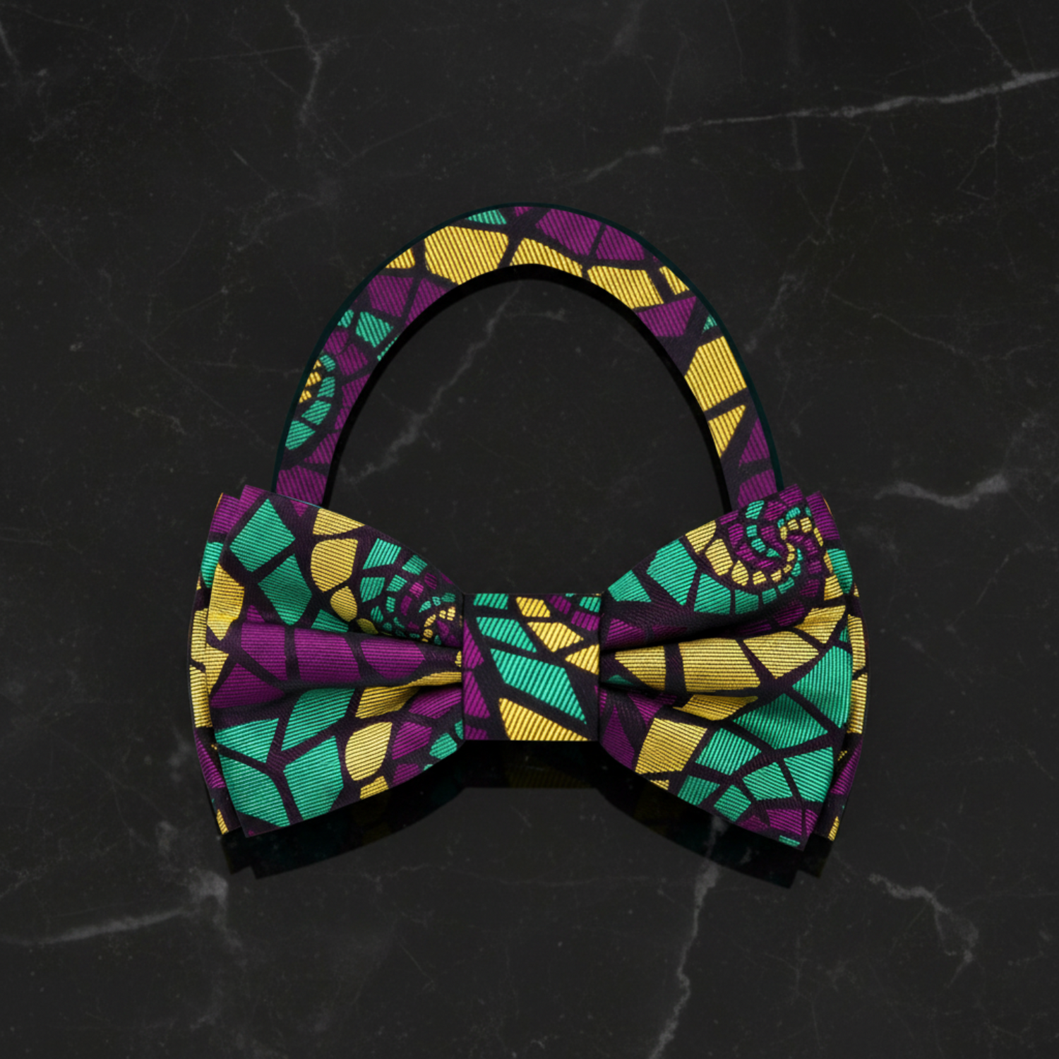 Green, purple, yellow abstract bow tie pre tied