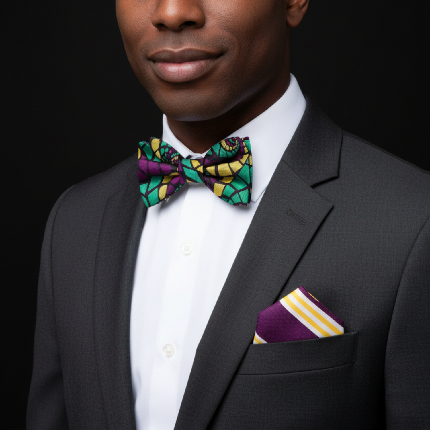 Man wearing a black suit with a colorful bow tie and matching pocket square on a black background