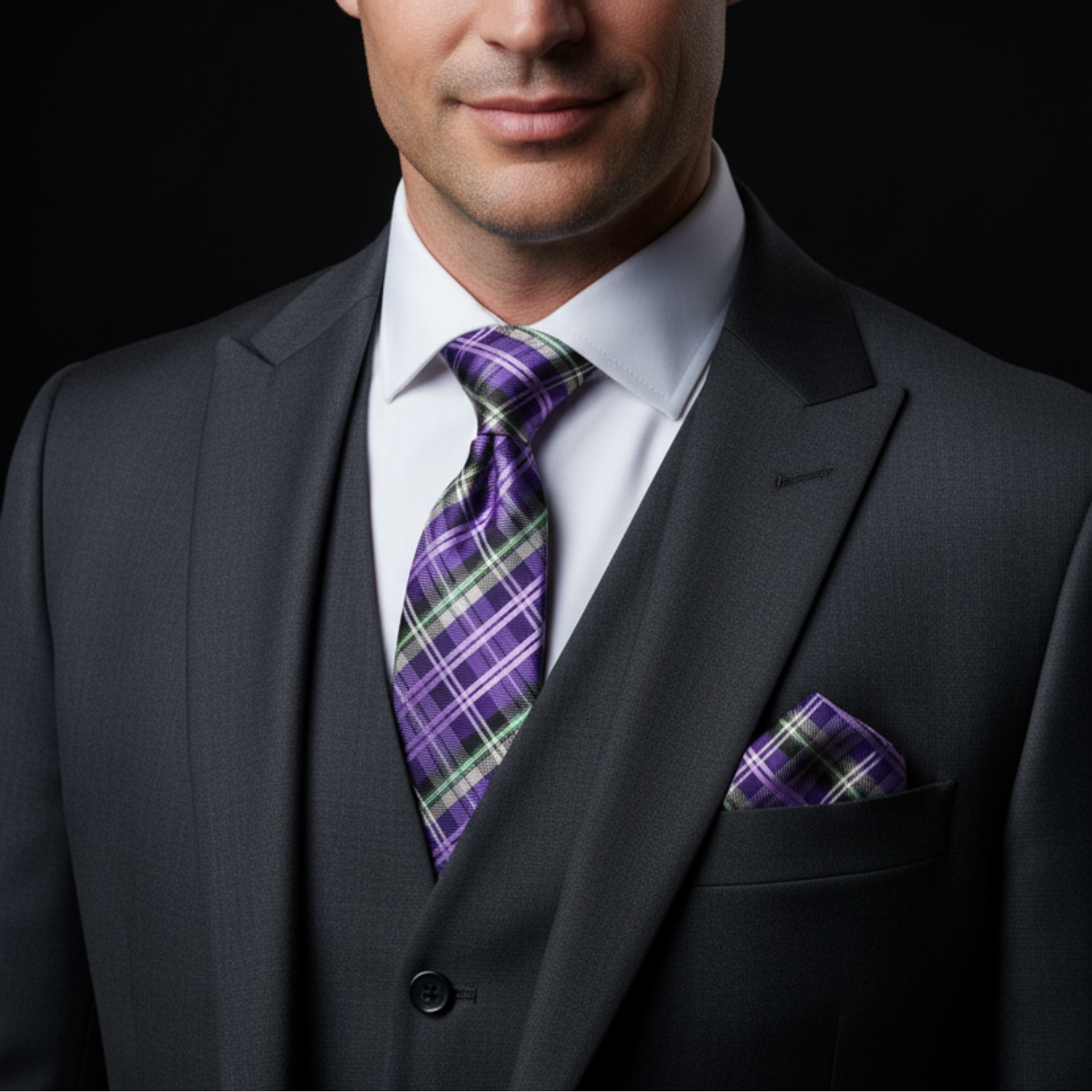 Man wearing a dark gray suit with a purple plaid tie and pocket square on a black background