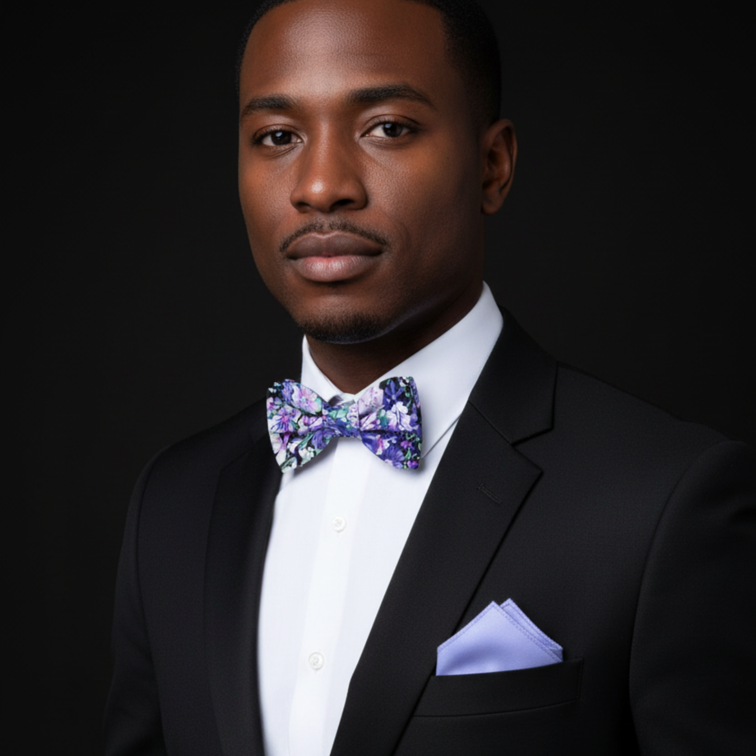 Man wearing a black suit with a colorful bow tie against a dark background