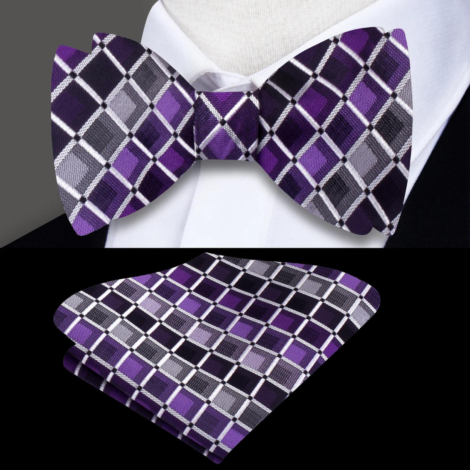 Purple, Grey, Black Check Bow Tie and Pocket Square||Purple, Grey