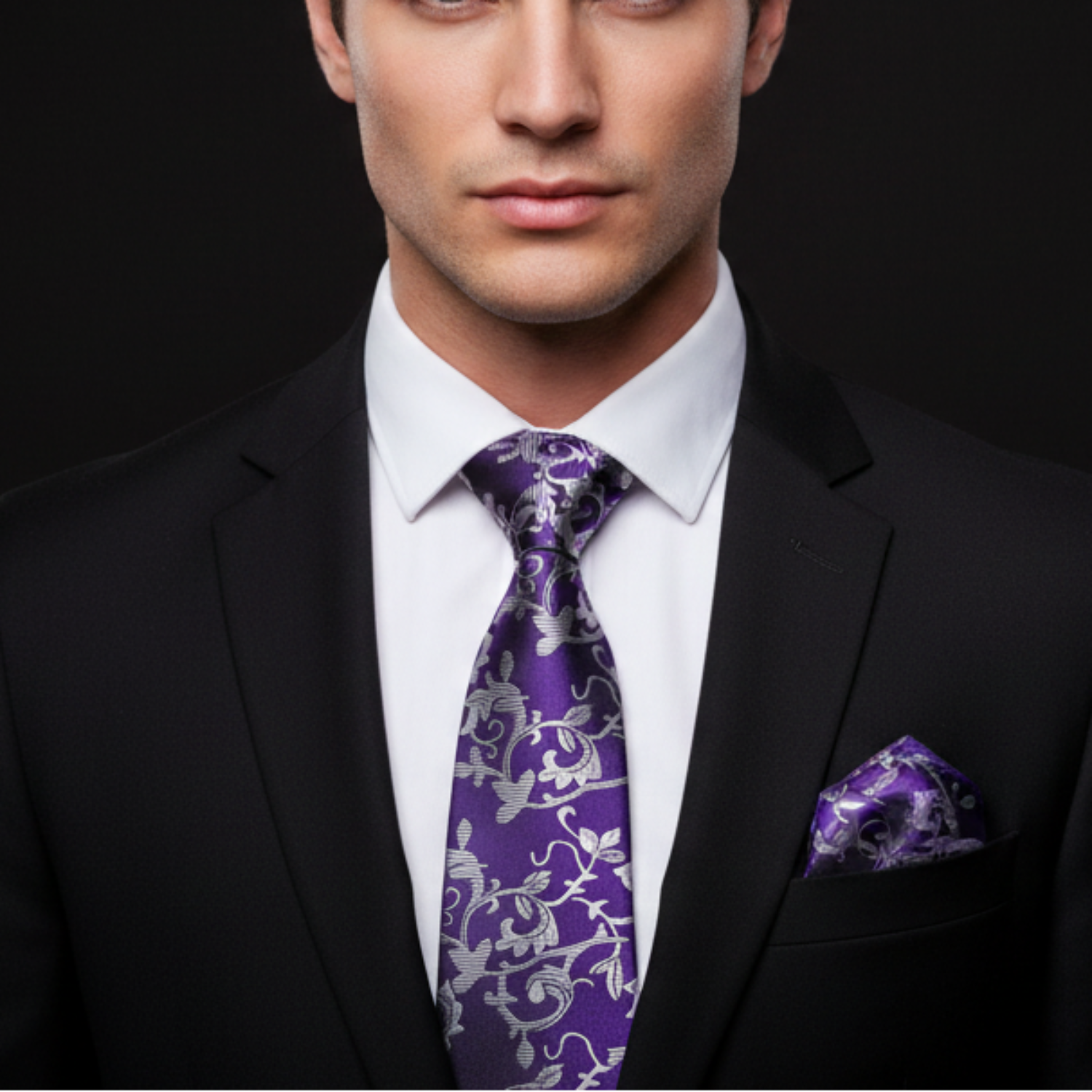 Intricate Vine Floral Necktie in Purple, Orange, Black, Red, or Silver