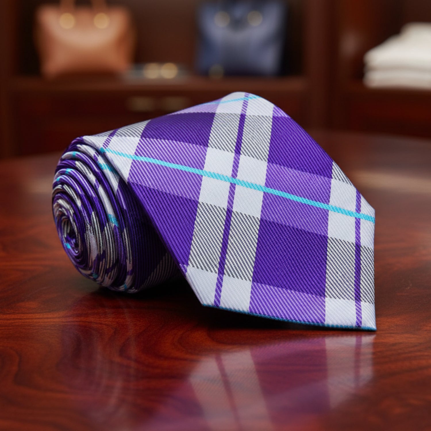Purple and Light Blue Plaid Necktie 