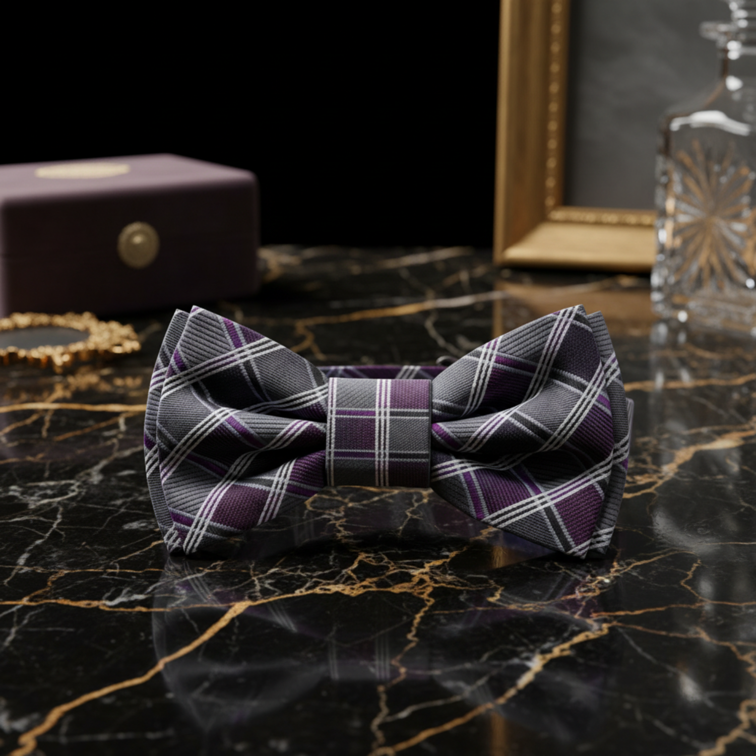 Grey, Purple Geometric Diamonds Bow Tie Pre Tied