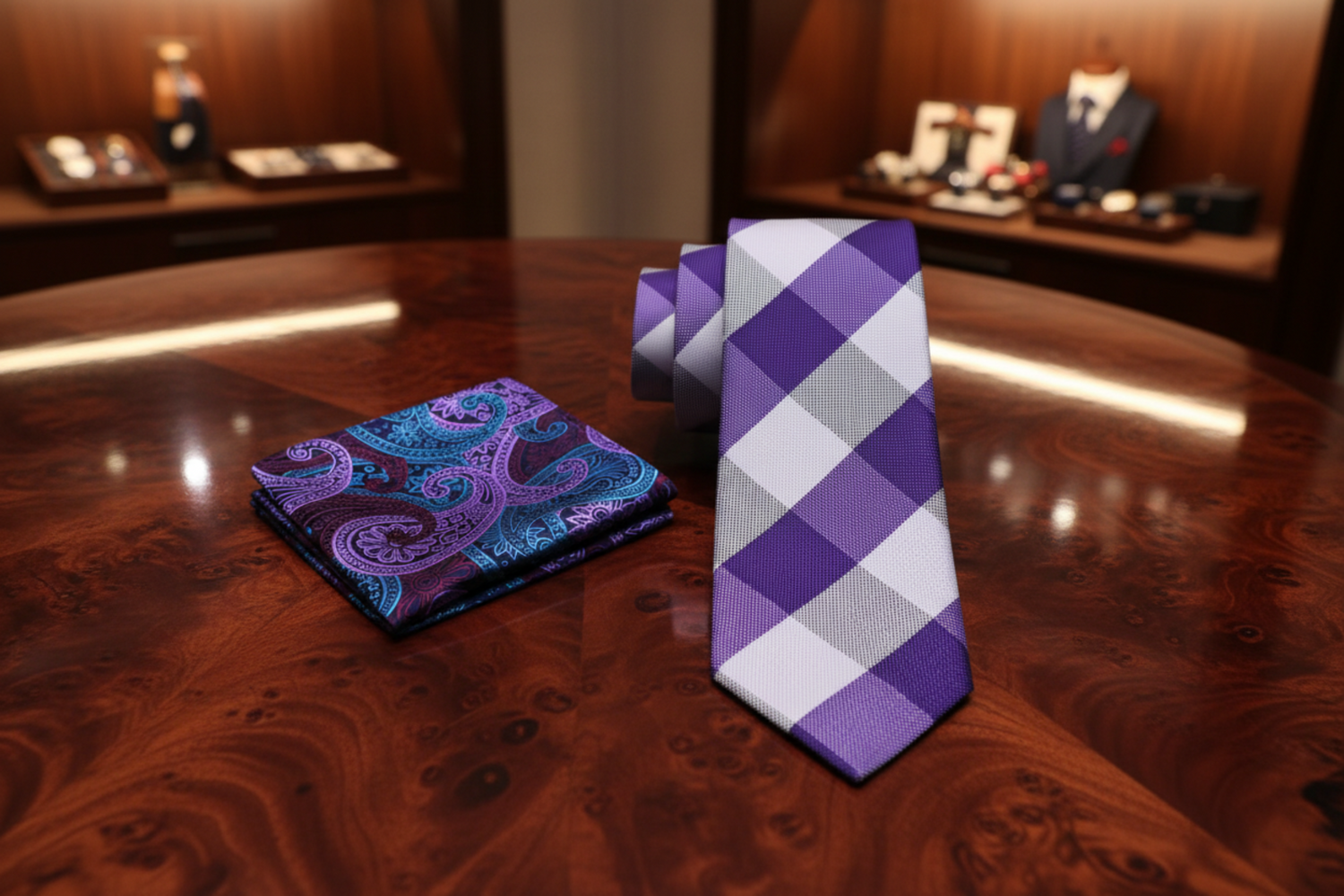 Alt Purple White Plaid Necktie and Accenting Purple Blue Paisley Square