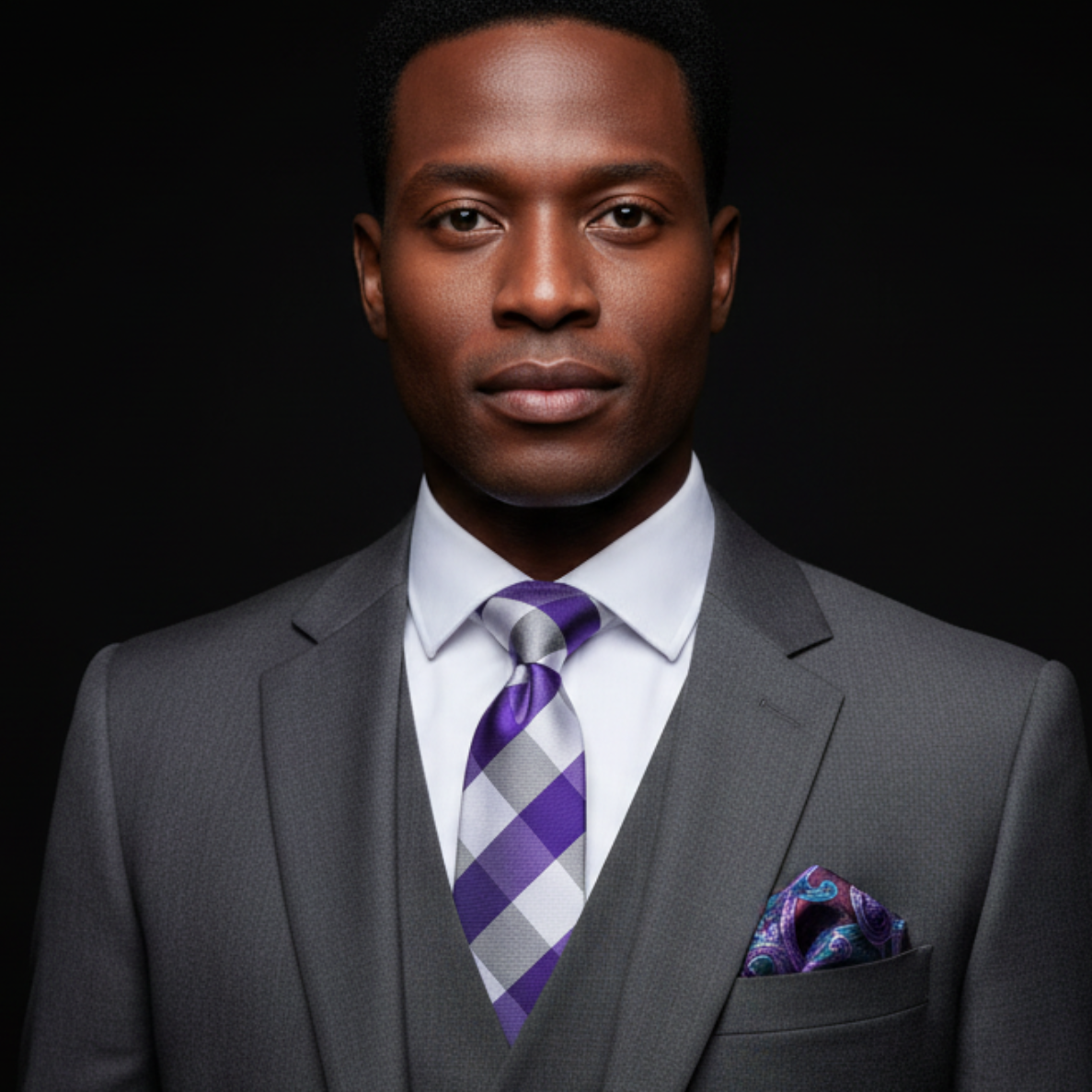 Man wearing a gray suit with a purple and gray checkered tie against a black background