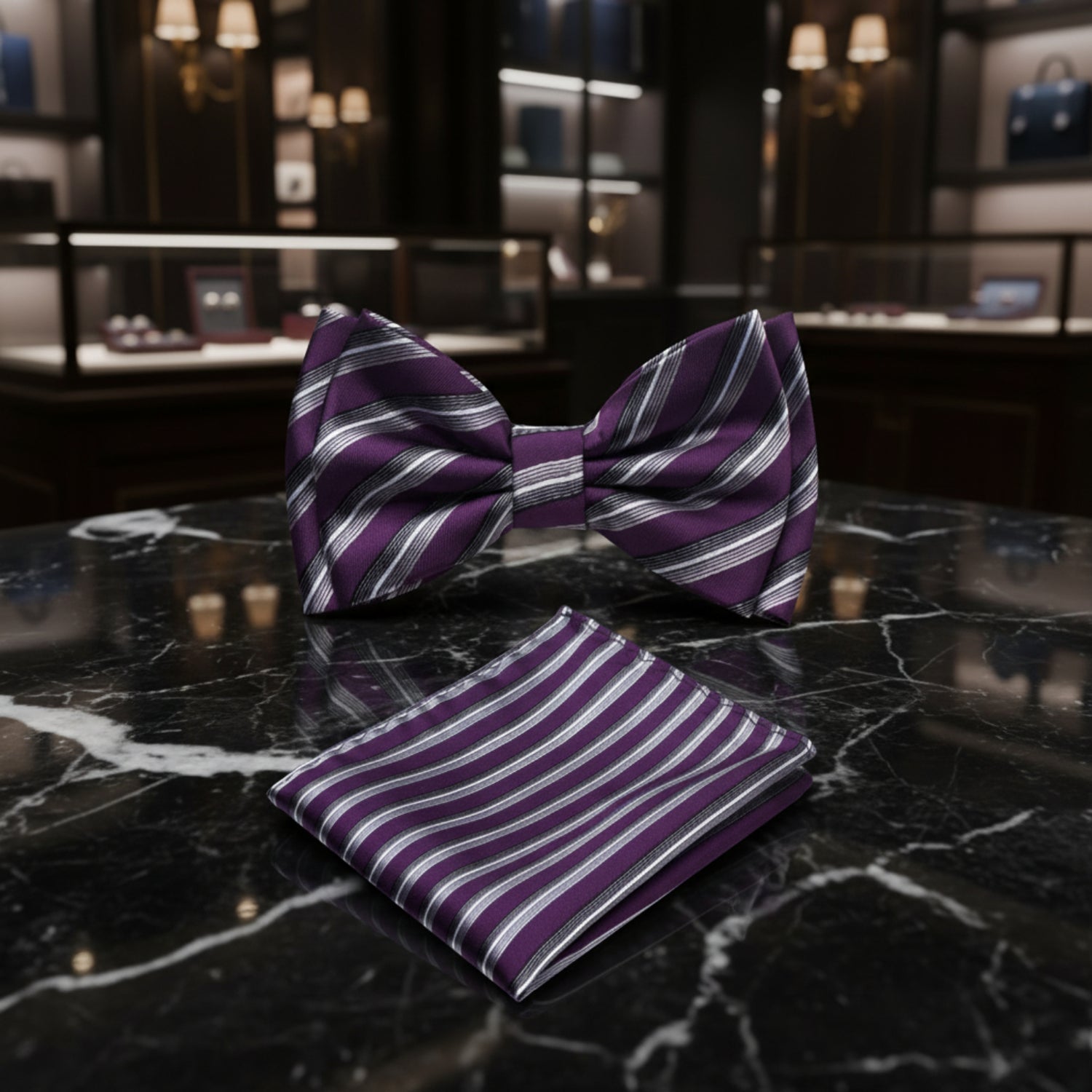 A Purple, Grey Color With Stripe Pattern  Kids Pre-Tied Bow Tie, Matching Pocket on table