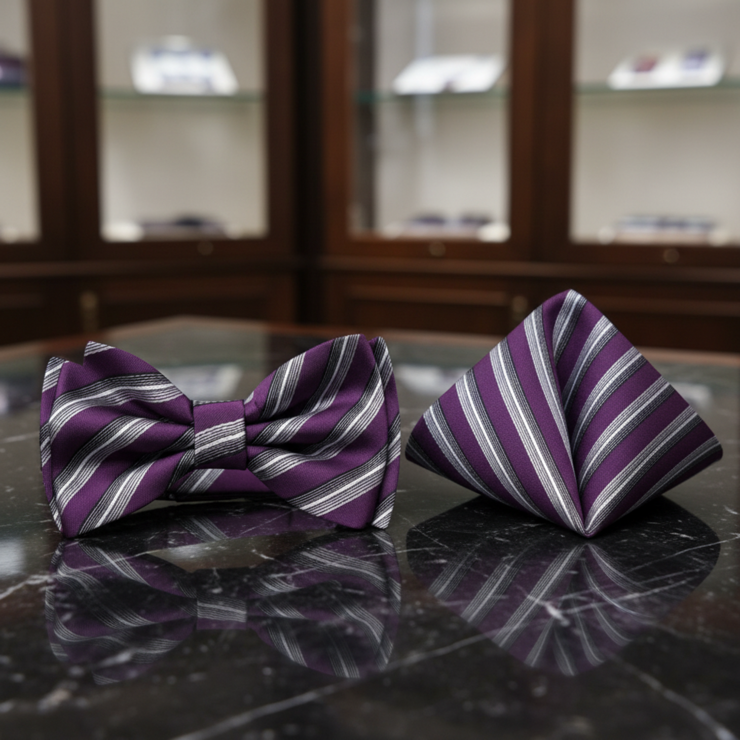 Purple and Grey Striped Bow Tie and Square