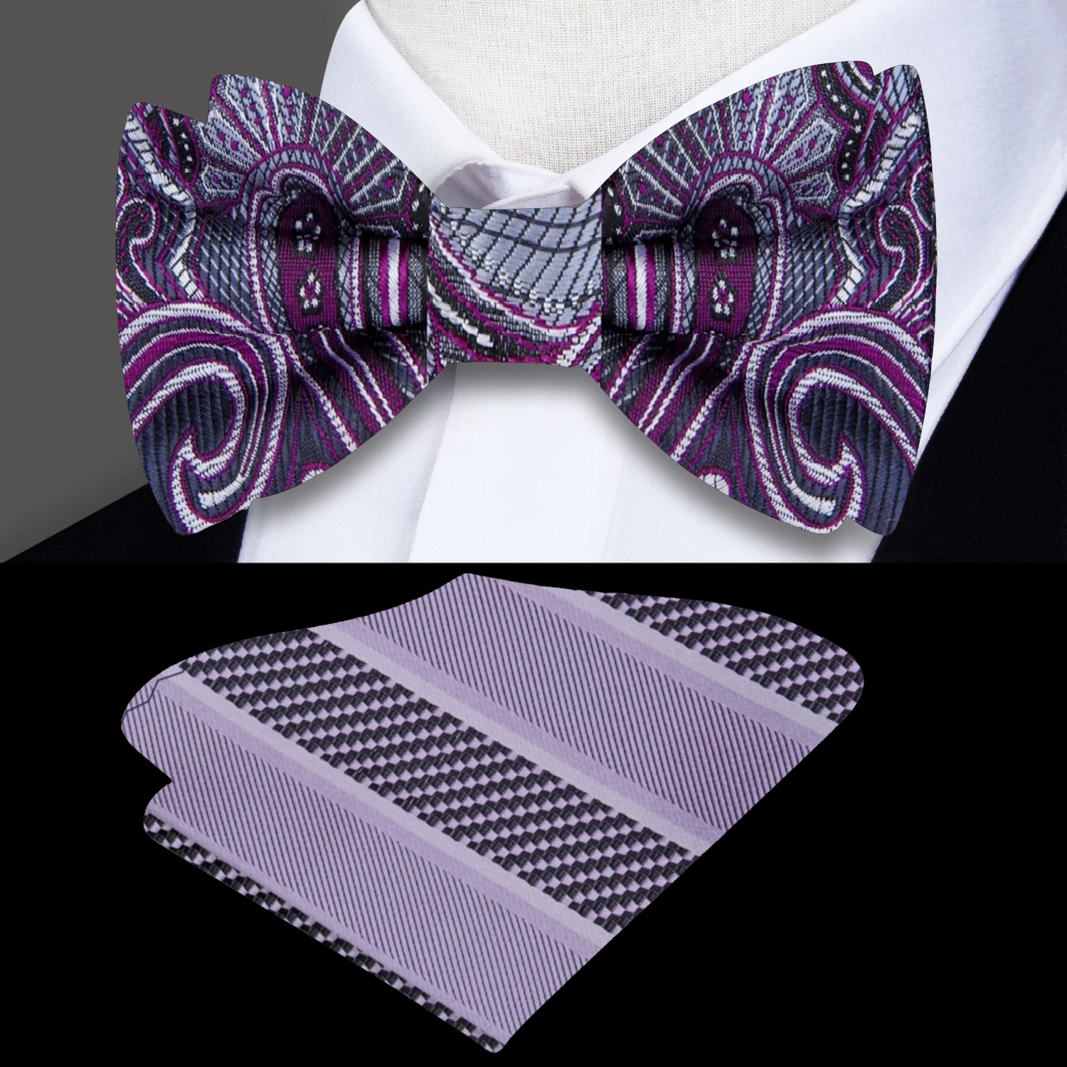 A steel purple and grey paisley bow tie with an accenting pocket square, displayed on a white background.