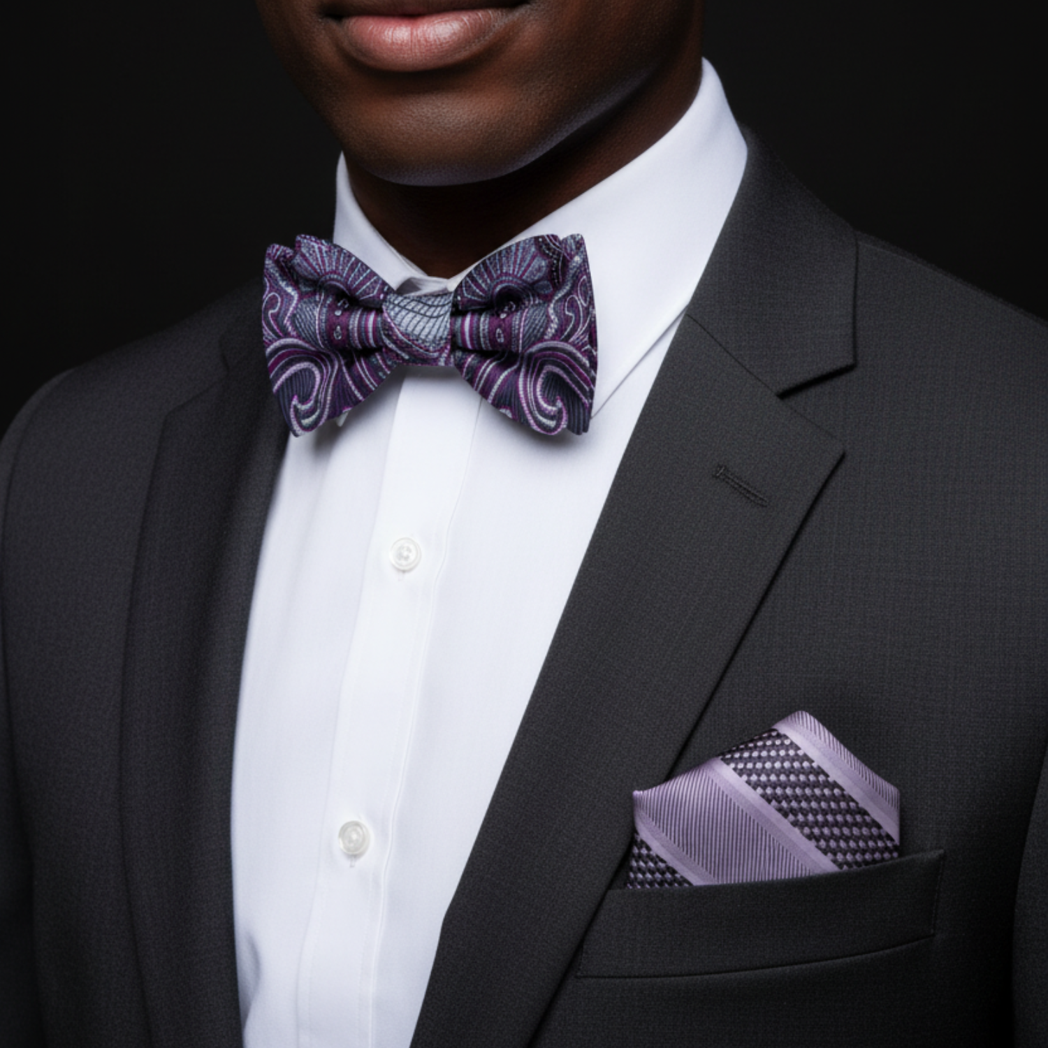 Man wearing a black suit with a white shirt, purple bow tie, and stripe pocket square.