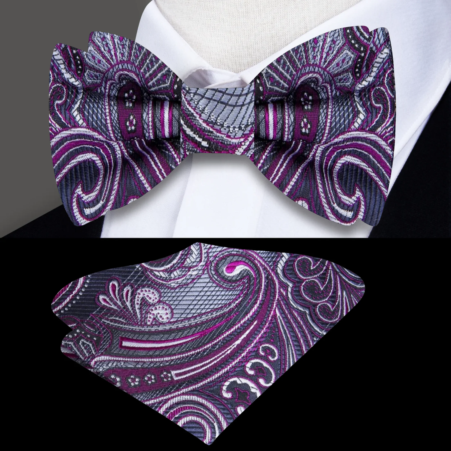 Smokey Grey Purple Paisley Bow Tie and Pocket Square