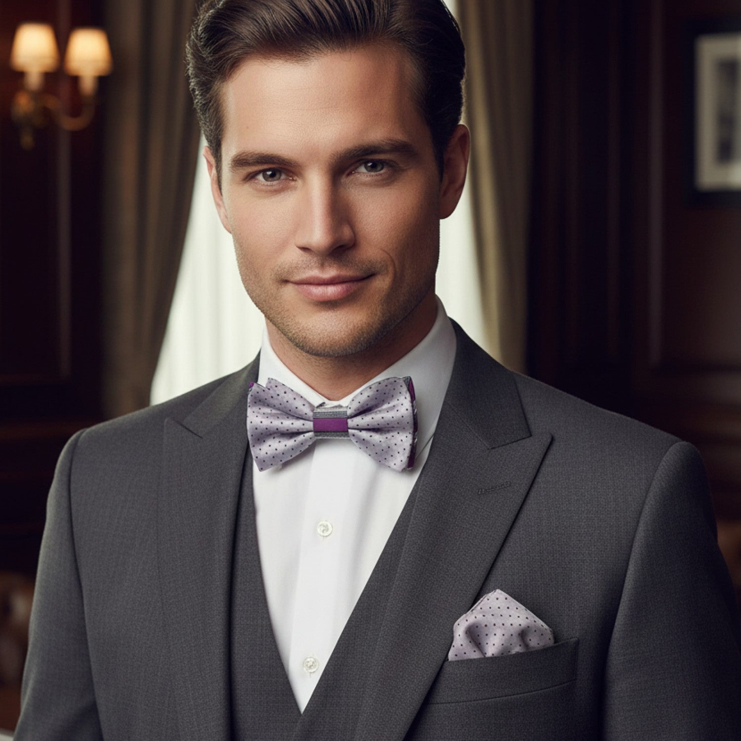Man wearing a gray suit with a purple bow tie in an elegant indoor setting