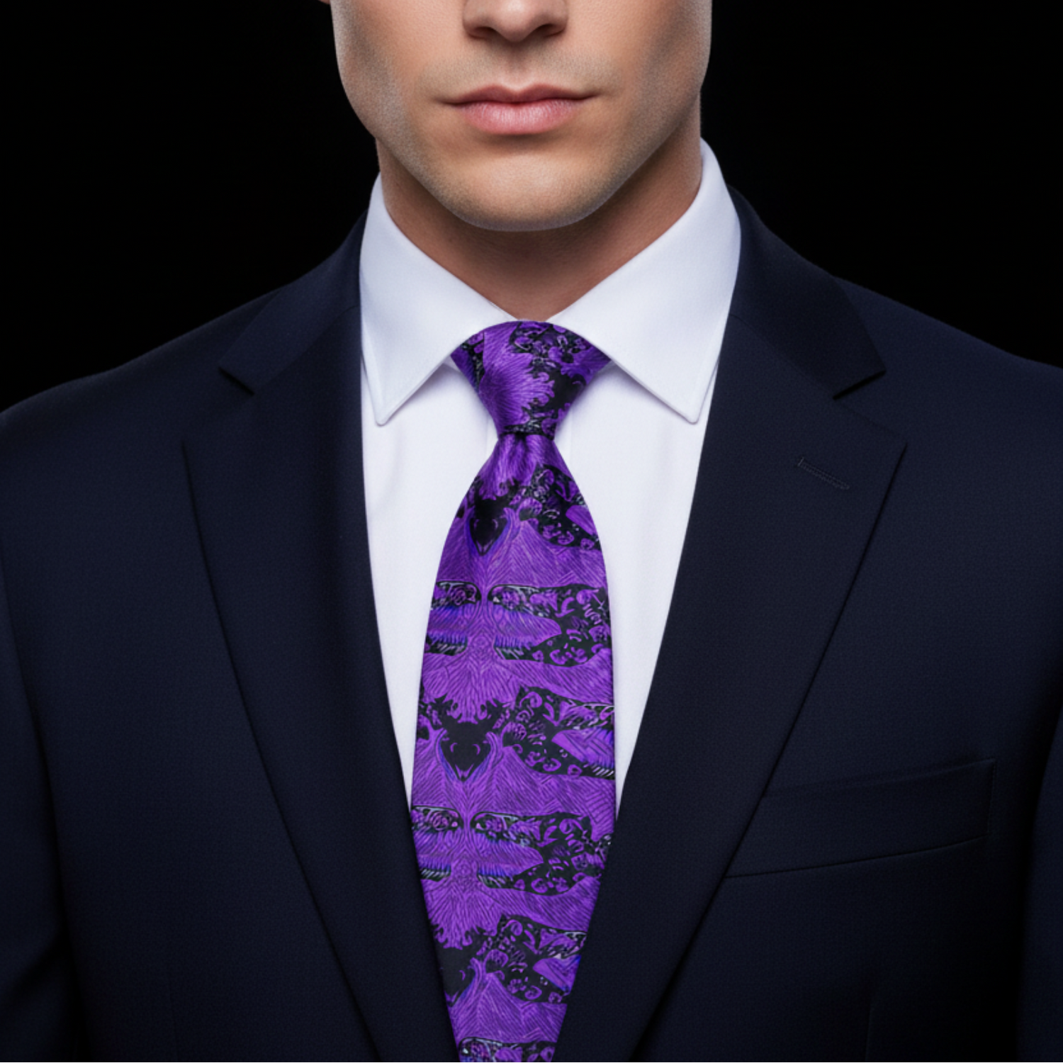 Man wearing blue suit and purple tie