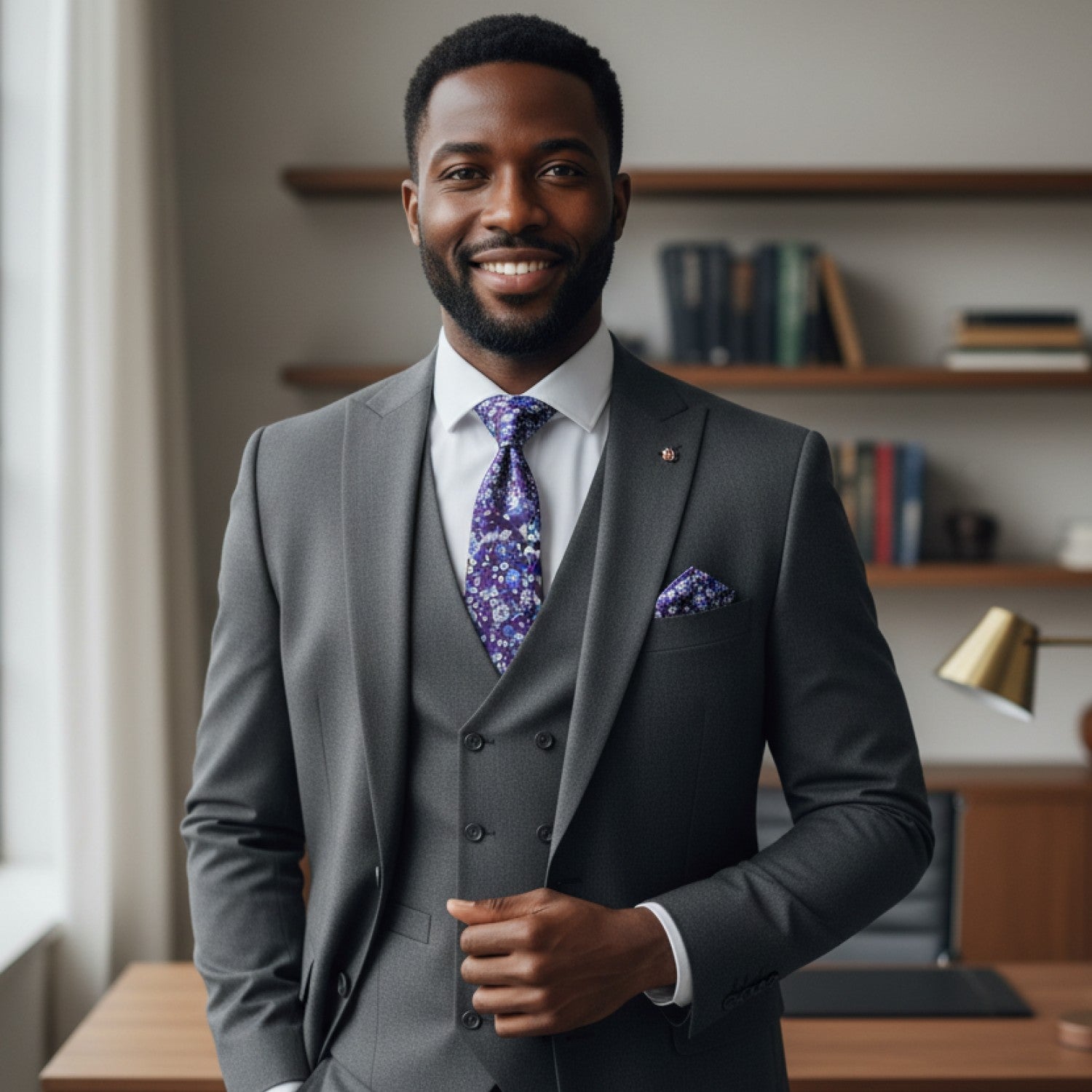 Man in a gray suit with a purple tie standing in an office setting