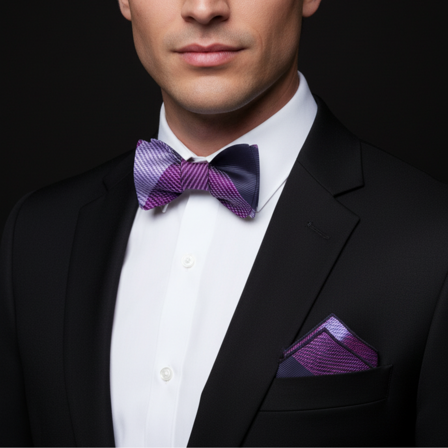 Purple Plaid Bow Tie and Square on man