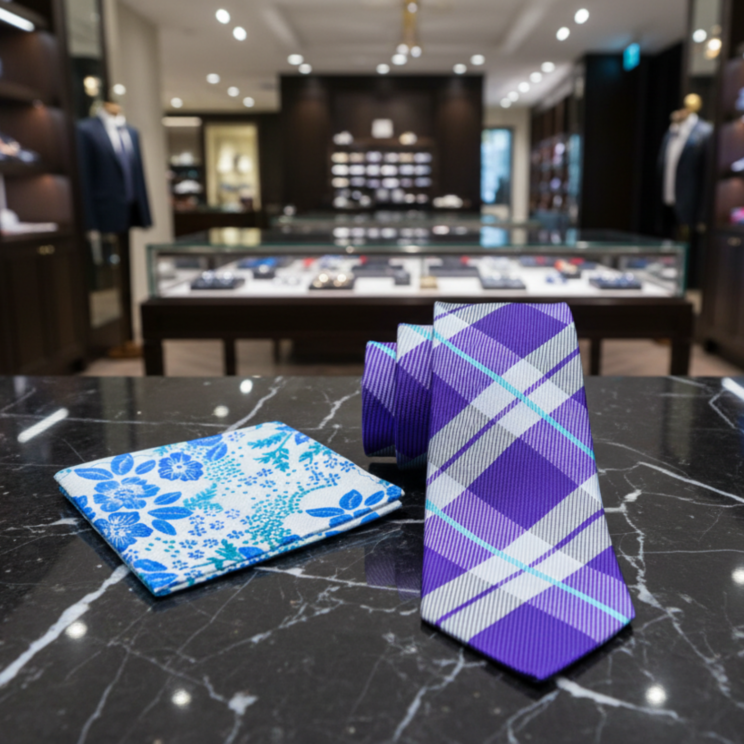 Alt Purple and Light Blue Plaid Necktie and Accenting Floral Square