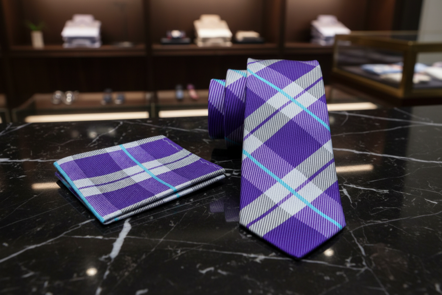 Alt Purple and Light Blue Plaid Necktie and Matching Square