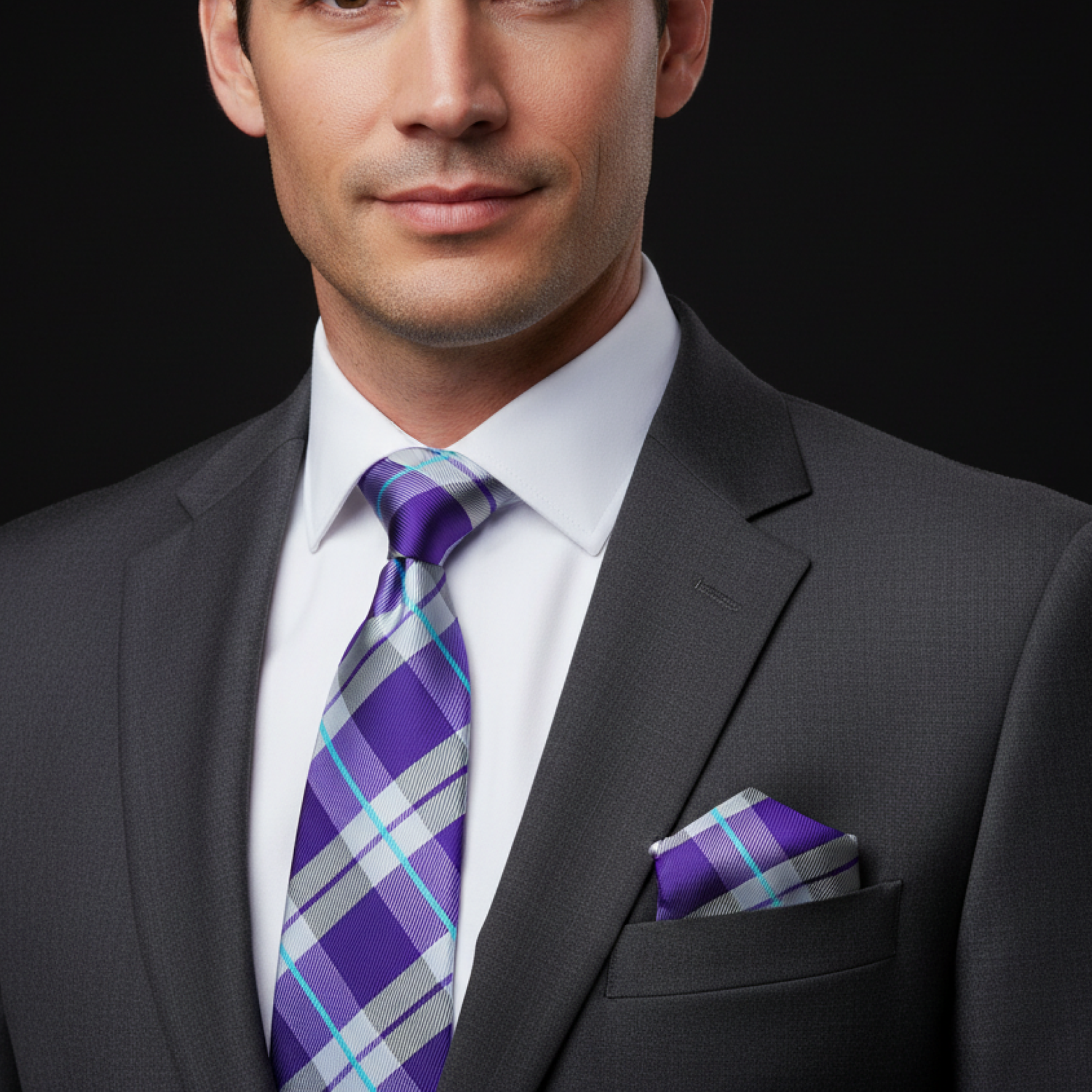 Grey and purple Plaid Tie and Square on Man
