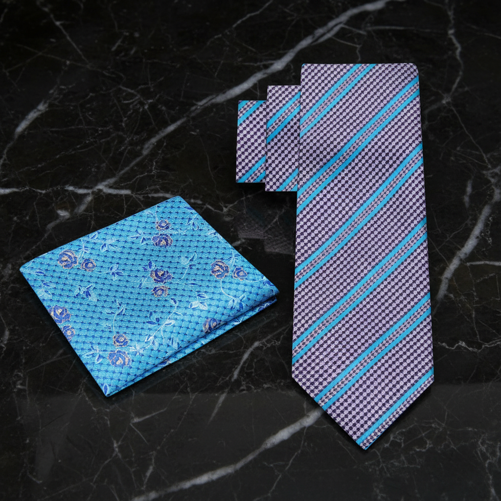Alt Purple Light Blue Stripe Hounds Necktie and Accenting Square