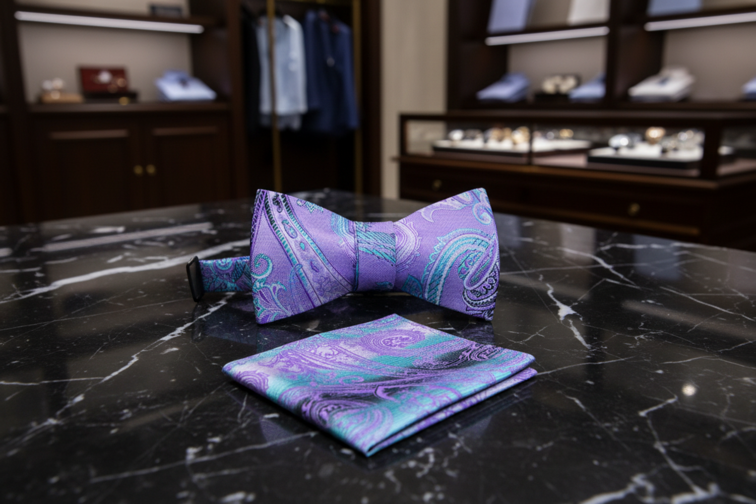Purple and teal paisley bow tie and pocket square set on black marble