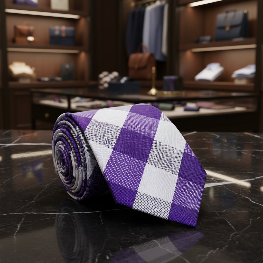 Purple and white checkered tie on a white background