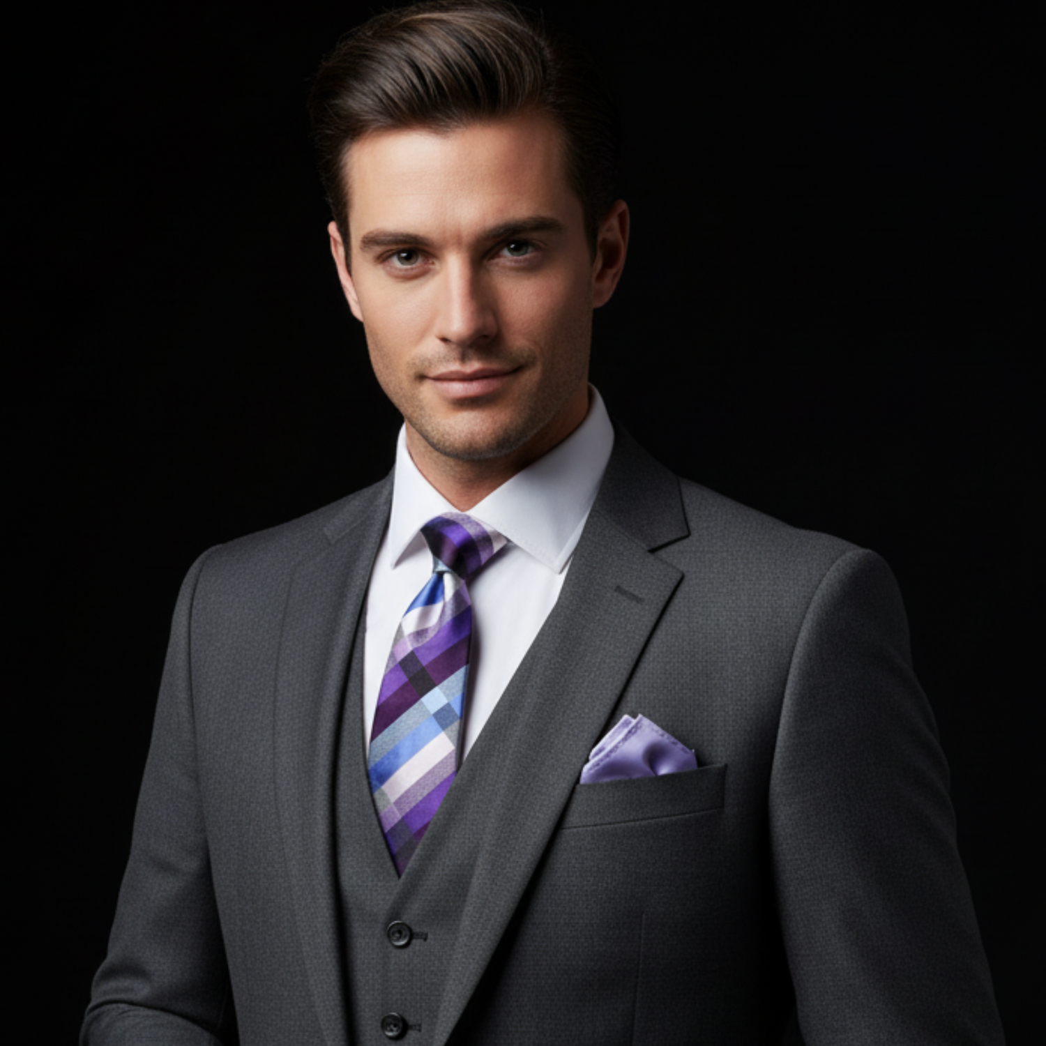 Man wearing a gray suit with a purple tie and pocket square on a black background