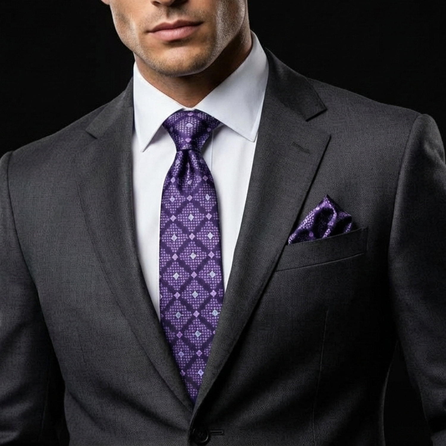 Man wearing a gray suit with a purple tie and pocket square on a black background
