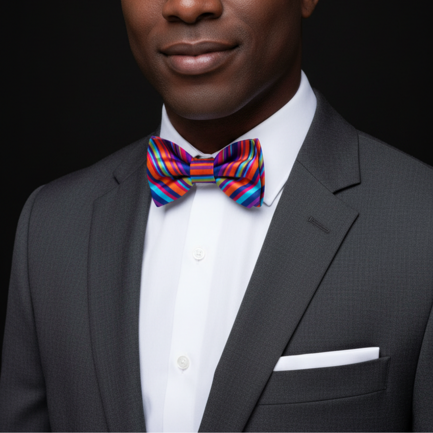 Man wearing a gray suit with a white shirt and colorful striped bow tie on a black background