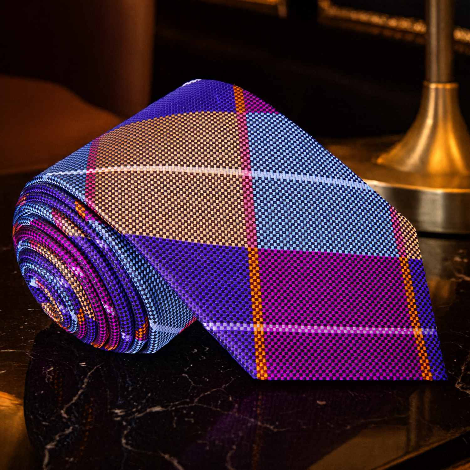 A Purple, Cream, Blue Plaid Pattern Necktie 