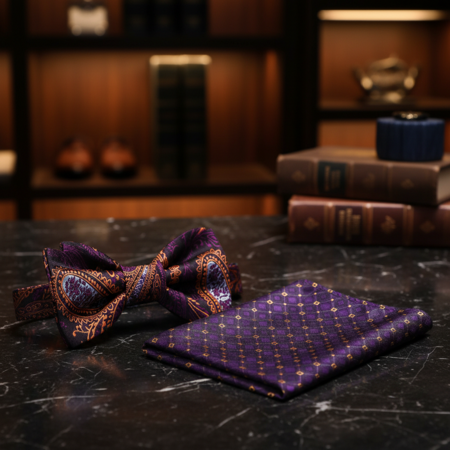 Purple and Orange Paisley Bow Tie and Accenting Purple Geometric Square 
