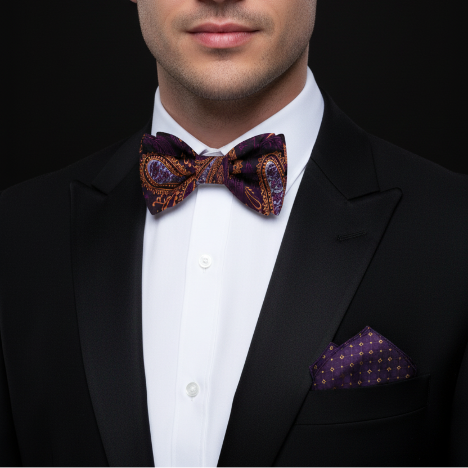 Black Paisley Bow Tie in Purple & Orange | Rich Evening Statement