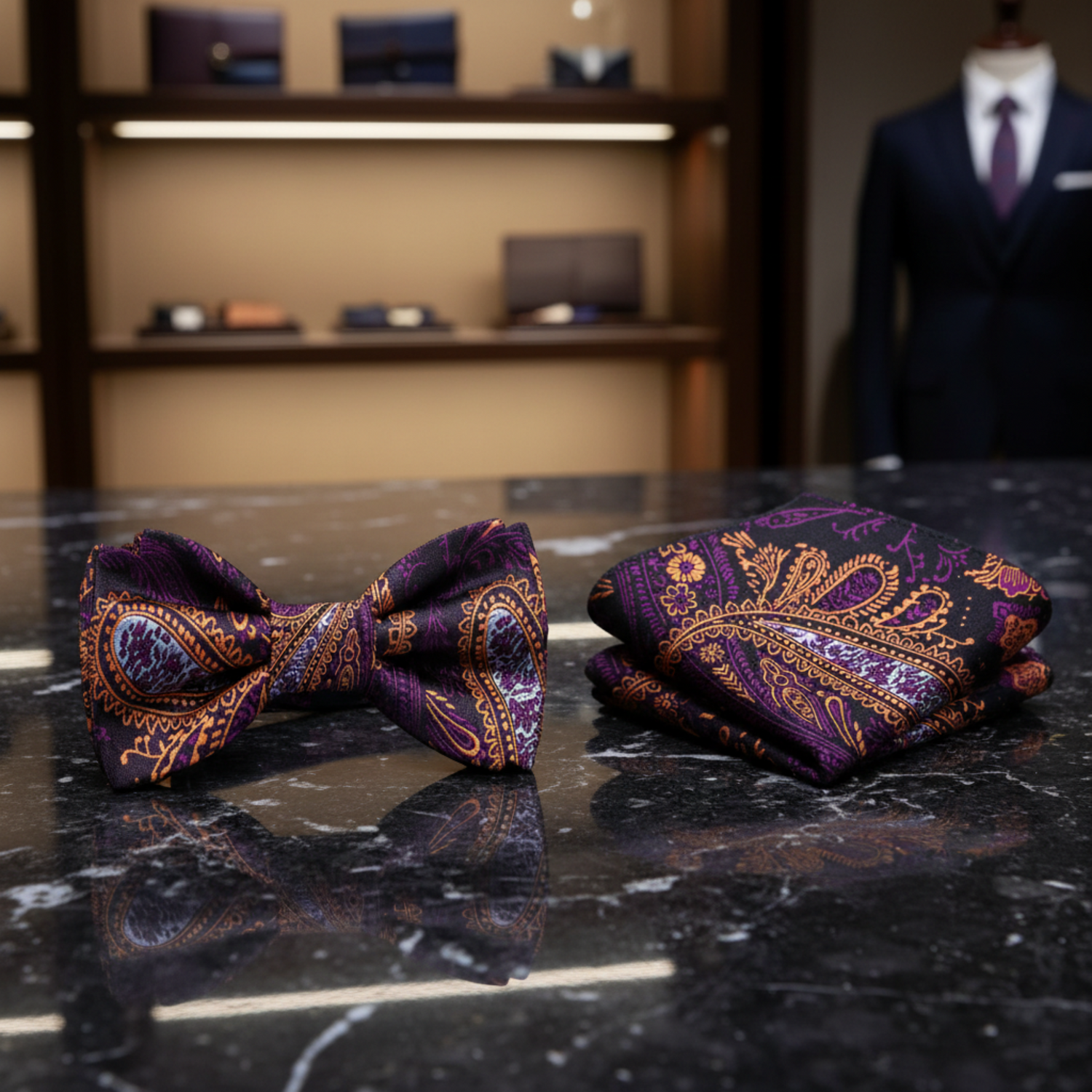 Purple and Orange Paisley Bow Tie and Matching Square