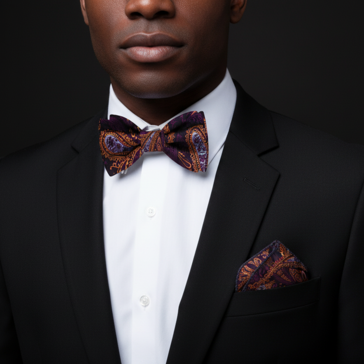 Black Paisley Bow Tie in Purple & Orange | Rich Evening Statement