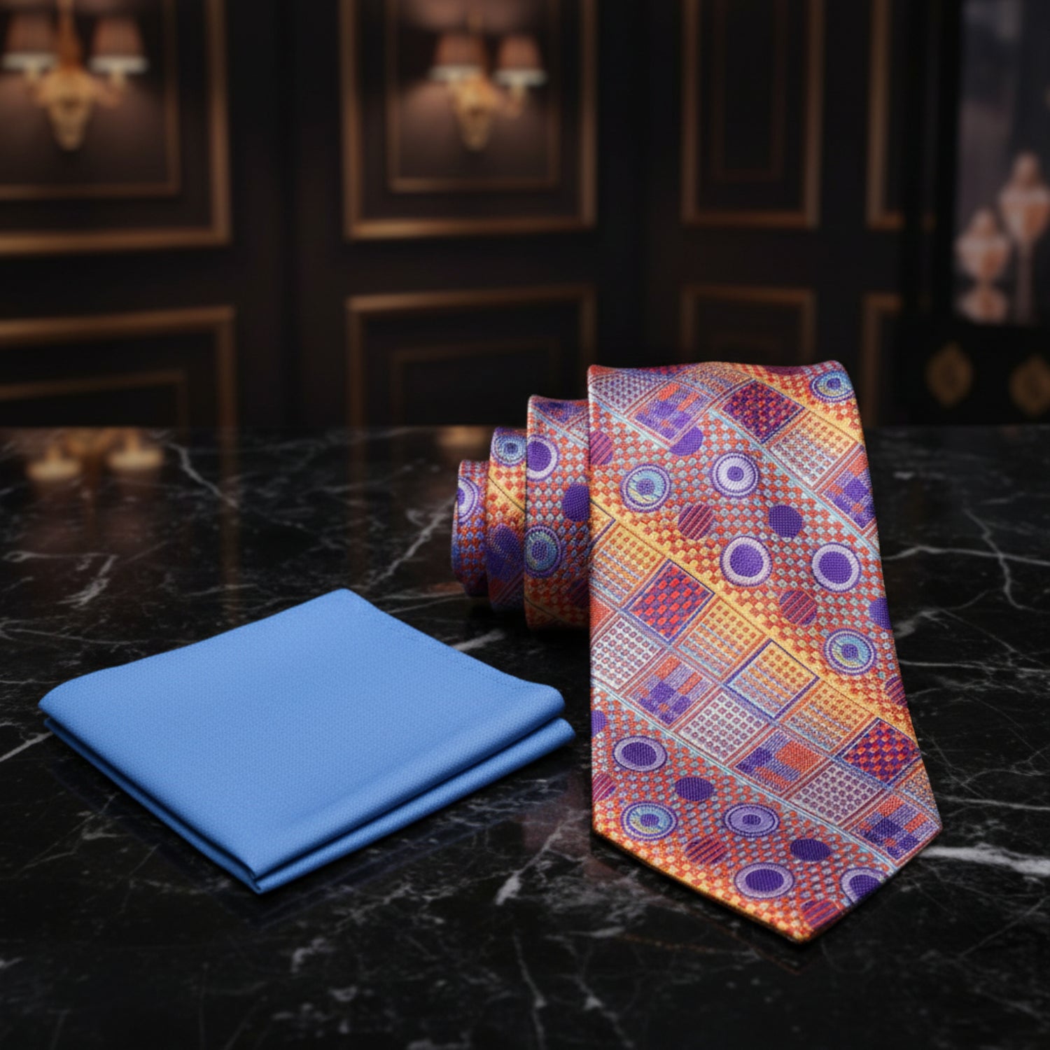 Peach, Orange, Lavender & Blue Geometric Necktie | Circle and Square Pattern