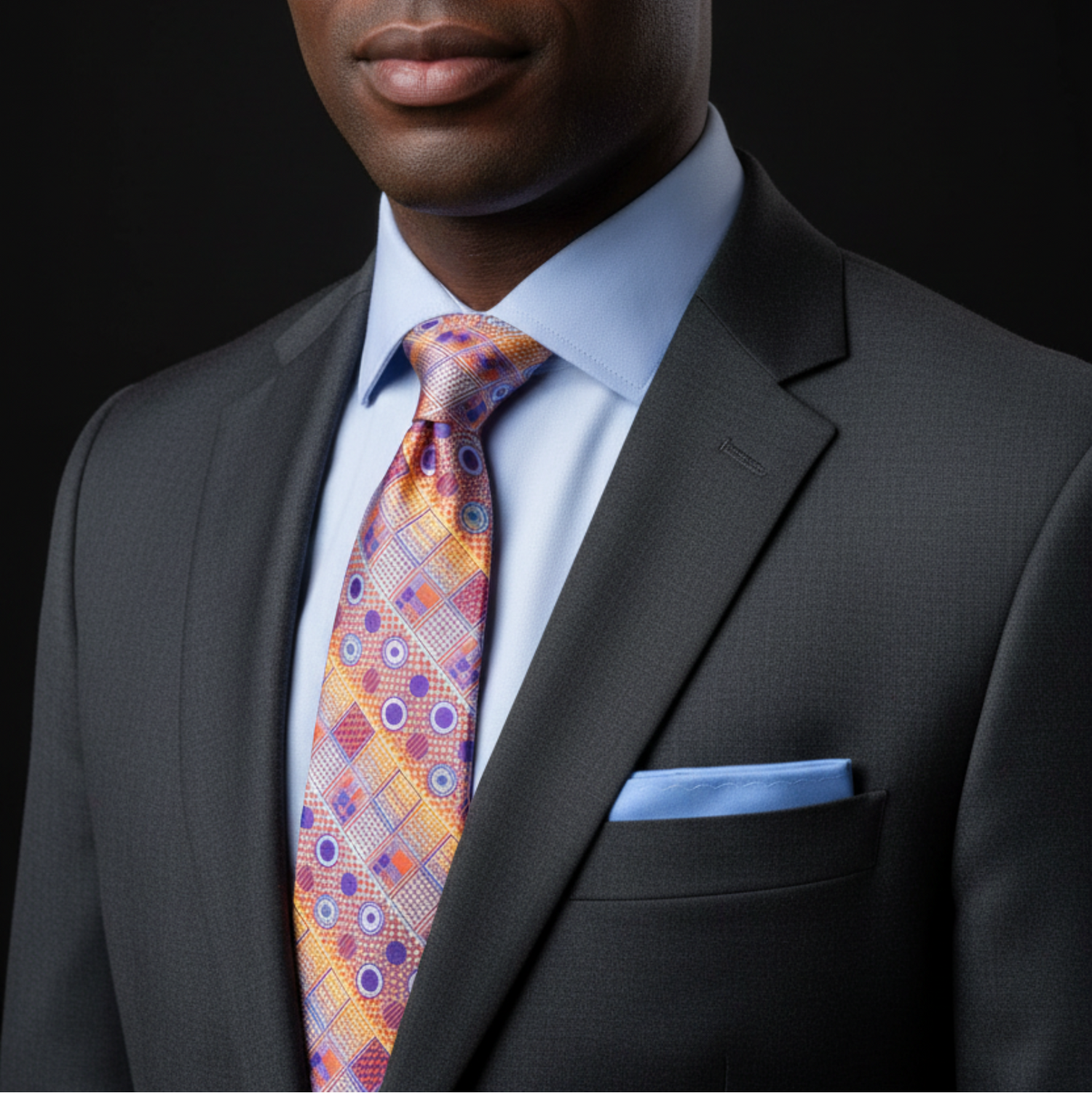 Man wearing a dark suit with a colorful tie and light blue shirt against a black background